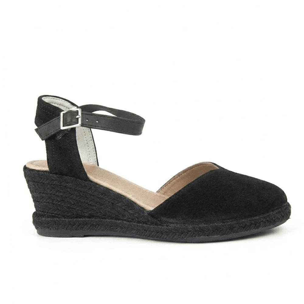 alpargata mujer cuña Mediterranea 50188 negro piel ante hebilla tobillo frontal