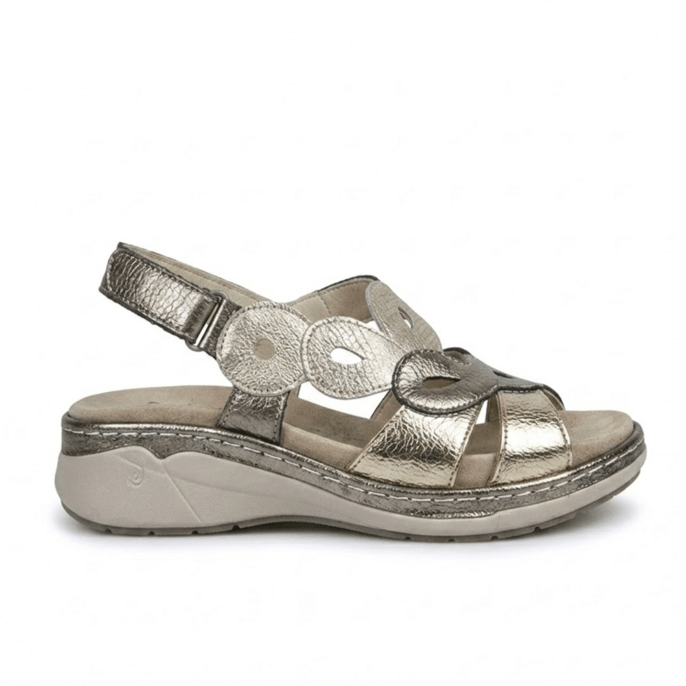 sandalia vegana mujer Suave Marian Aztec tiras piel vegana tricolor oro cava plata vista frontal