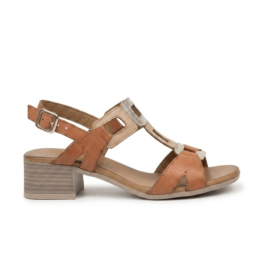 sandalia tacón mujer 48 Horas 615604 pala ancha tricolor cuero camel dorado vista frontal