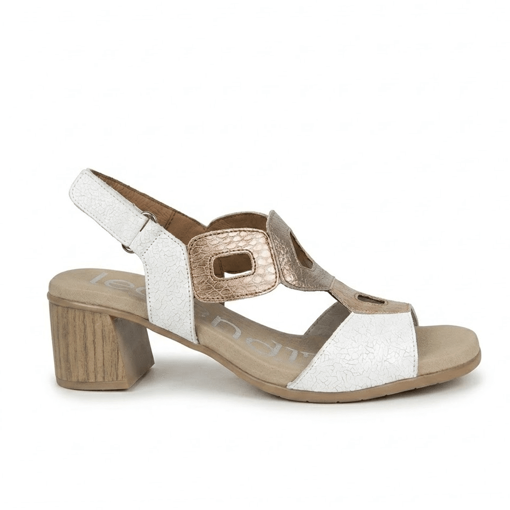 sandalia tacón mujer Leyland 5705 piel española diseño bicolor multitextura vista frontal