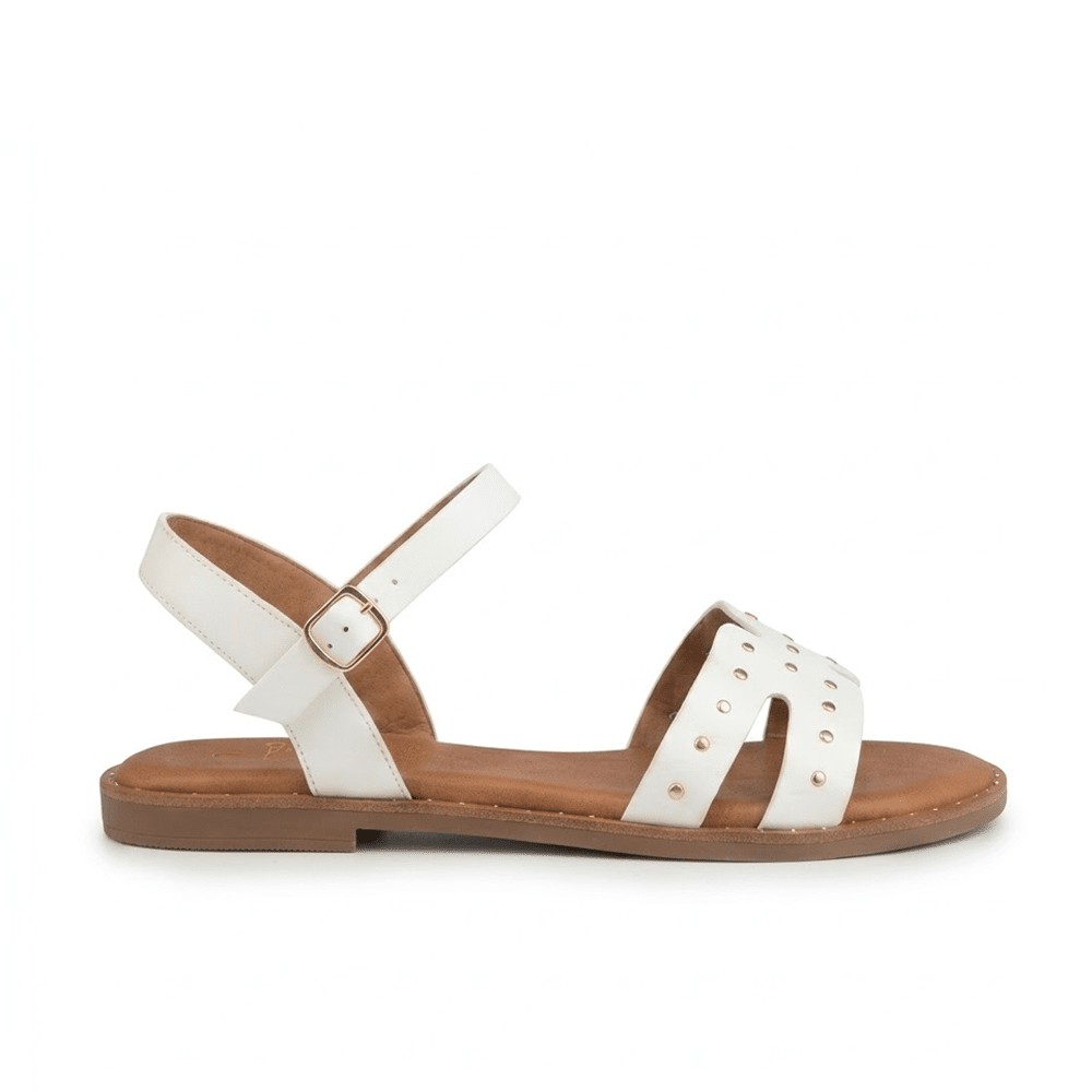 sandalia plana mujer Cervera 5353 blanco tachuelas pala hebilla tobillo vista frontal