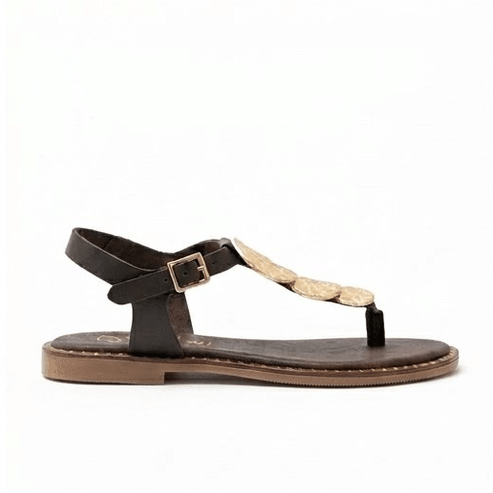 sandalia plana mujer Oh My Sandals Elisa marrón esclavas monedas doradas piel vista frontal